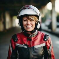 Young cool woman wearing motorcycle gear and helmet, AI Generated photo