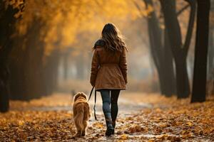 young woman walking her dog in the park in autumn day, AI Generated photo