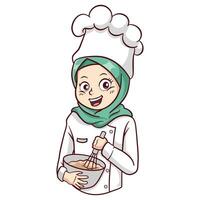 Vector cute and kawaii muslim female chef wearing hijab manga chibi illustration
