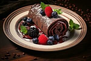 Chocolate Swiss Roll Cake coated with Chocolate Chips on table top, AI Generated photo