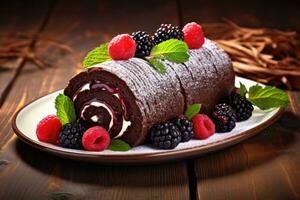 Chocolate Swiss Roll Cake coated with Chocolate Chips on table top, AI Generated photo
