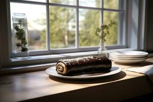 Chocolate Swiss Roll Cake coated with Chocolate Chips on table top, AI Generated photo