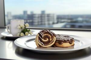 Chocolate Swiss Roll Cake coated with Chocolate Chips on table top, AI Generated photo