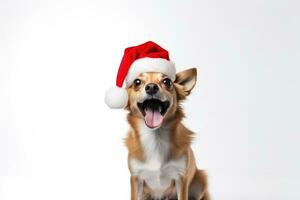 cute dog wearing santa hat on white background, AI Generated photo