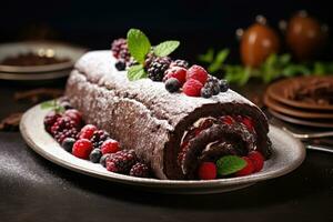 Chocolate Swiss Roll Cake coated with Chocolate Chips on table top, AI Generated photo