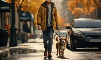 young man walking dog in the city in autumn day, AI Generated photo