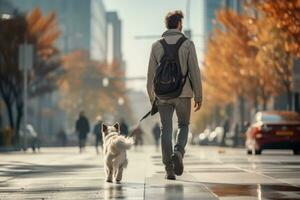 young man walking dog in the city in autumn day, AI Generated photo