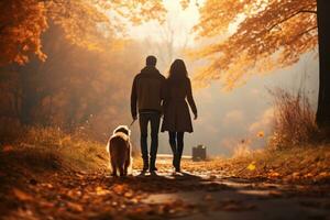 young couple walking dog in the park in autumn day, AI Generated photo