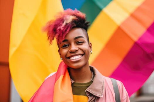 Portrait with rainbow flag, photo
