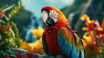 vistoso azul, rojo y amarillo guacamayo en salvaje naturaleza, ai generado foto