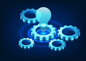 Gear technology with light bulbs set on gears Refers to find more information from the internet network to help solve problems and create creative ideas. vector
