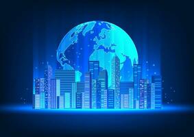 Intelligent world technology There is a big globe with a smart city in front. Intelligent technology that accesses global information to improve people's livelihoods and the global economy. vector