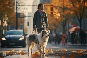 young man walking dog in the city in autumn day, AI Generated photo