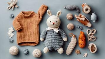 knitted baby toys and clothes, AI Generated photo