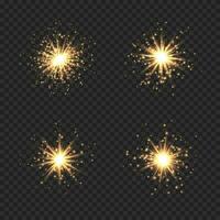 colección de estrella Estallar con destellos dorado ligero llamarada efecto con destellos y Brillantina. vector ilustración brillante resplandor estrella con polvo de estrellas, oro lente llamarada