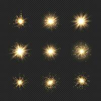 Collection of star burst with sparkles and bokeh. Golden light flare effect with sparkles and glitter. Vector illustration shiny glow star with stardust