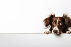 Portrait of a cute border collie puppy looking around the corner of a white empty board, AI Generated photo