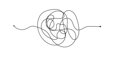 Vector psychotherapy complex chaos mess and order path. Messy drawn sketch purpose simple ball concept scribble. Chaos knot line psychotherapy continuous vector illustration art.