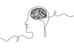 Continuous One Line Mental Chaos Brain Head Health Mind Art Sketch Doodle Concept.  Stress Therapy Problem Continuous One Line Drawing. A Single Stroke of Healing Vector Drawing for Mental Well-being