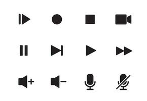 audio, video, música jugador botón icono. sonido control, jugar, pausa botón sólido icono colocar. cámara, medios de comunicación control, micrófono interfaz pictograma. vector