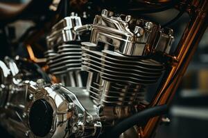 Close up view of a shiny motorcycle engine, AI Generated photo