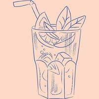 hand drawn mojito cocktail with lime and straw icon vector