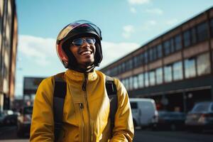 hombre vistiendo motocicleta engranaje y casco, ai generado foto