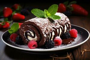 Chocolate Swiss Roll Cake coated with Chocolate Chips on table top, AI Generated photo