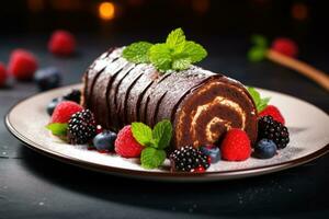 Chocolate Swiss Roll Cake coated with Chocolate Chips on table top, AI Generated photo