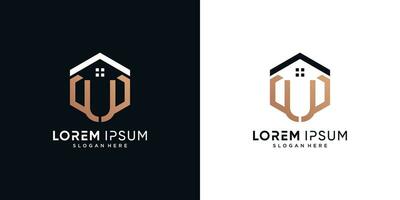 Letter u and house logo design vector illustration with hexagon concept