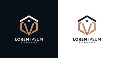 Letter v and house logo design vector illustration with hexagon concept