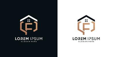 Letter f and house logo design vector illustration with hexagon concept