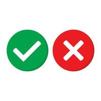 Green tick and red cross checkmarks in circle flat icons. Yes or no symbol, approved or rejected icon for user interface. vector