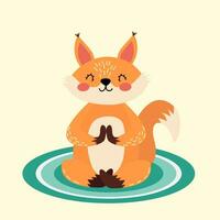 Cute meditating squirrel. Forest animal doing yoga. Vector illustration in cartoon style. Charming squirrel on a fitness mat. Animal theme. Isolated background. Flat style.