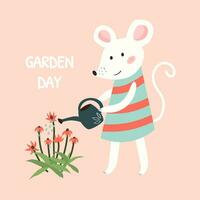 Cute white mouse watering flowers. Cartoon vector illustration with a mouse in a garden. Hand drawn children illustration. Print for postcard, prints, t-shirts. Pink isolated background.
