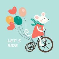 Cute mouse riding a bike with balloons. Cartoon vector illustration with white mouse. Hand-drawn children's illustration. Print for postcard, prints, t-shirts. Lettering Let's ride. Blue background.