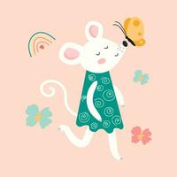 Cute mouse on a walk. Cartoon vector illustration with white mouse and butterfly. Hand-drawn children's illustration. Print for postcard, prints, t-shirts. Pink isolated background.