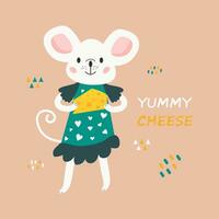 Cute mouse holding cheese. Cartoon vector illustration with white mouse. Hand-drawn children's illustration. Print for postcard, prints, t-shirts. Yummy cheese lettering. Pink isolated background.