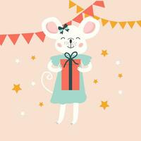 Cute mouse with a gift. Cartoon vector illustration with a birthday mouse. Hand drawn children illustration. Print for postcard, prints, t-shirts. Pink isolated background.