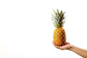 Hand hold fresh pineapple isolated on white background with copy space. ai generated photo