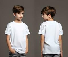 Front and back views of a little boy wearing a white T-shirt. ai generated photo