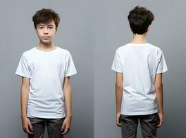 Front and back views of a little boy wearing a white T-shirt. ai generated photo