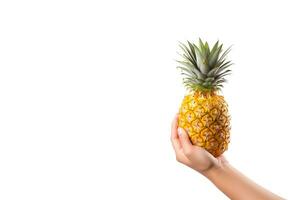 Hand hold fresh pineapple isolated on white background with copy space. ai generated photo