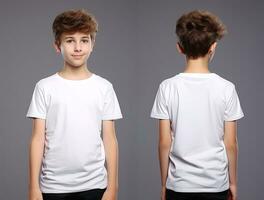 Front and back views of a little boy wearing a white T-shirt. ai generated photo