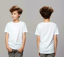 Front and back views of a little boy wearing a white T-shirt. ai generated photo