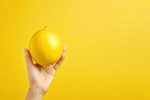 Lemon in hand isolated on yellow background with copy space. ai generated photo