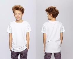 Front and back views of a little boy wearing a white T-shirt. ai generated photo