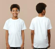 Front and back views of a little boy wearing a white T-shirt. ai generated photo