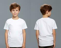 Front and back views of a little boy wearing a white T-shirt. ai generated photo