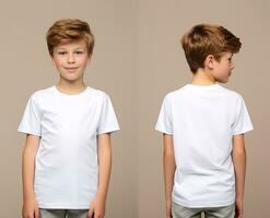 Front and back views of a little boy wearing a white T-shirt. ai generated photo